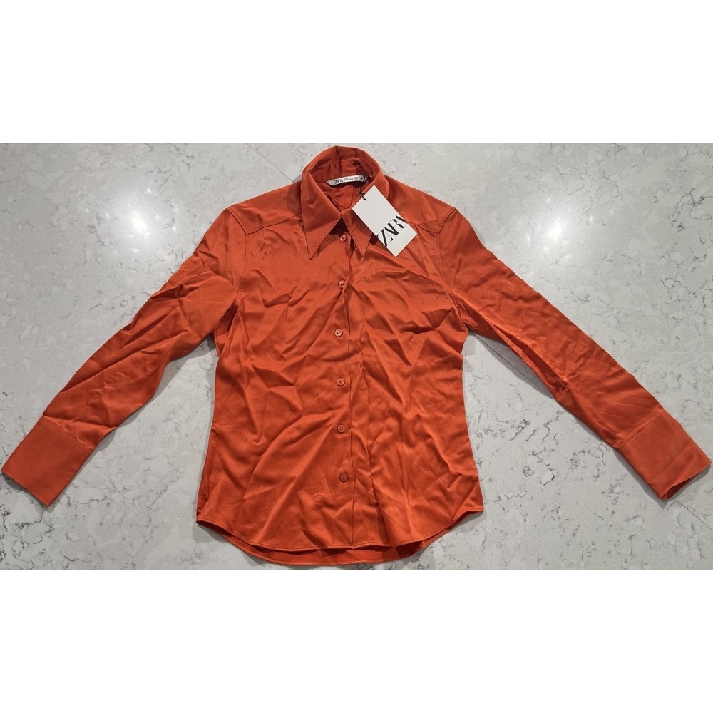 NWT Zara Satin Effect Shirt Womens Small Orange Collared Button Down Blouse